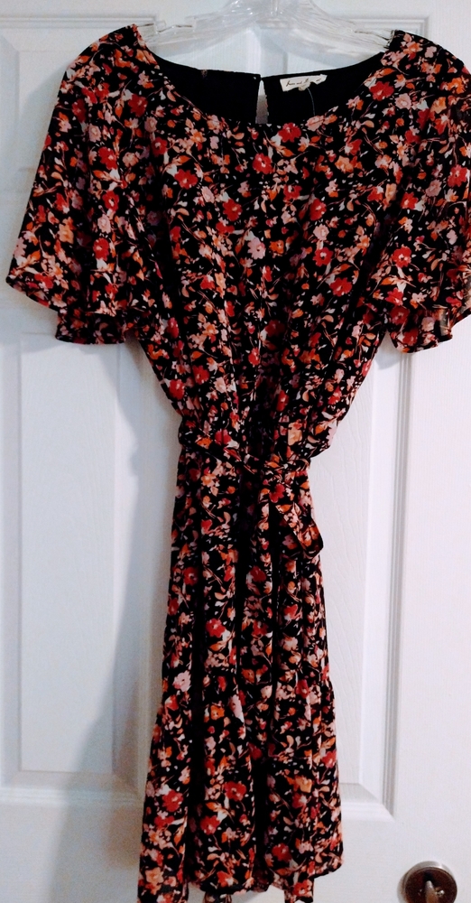 Black, pink, and orange floral dress